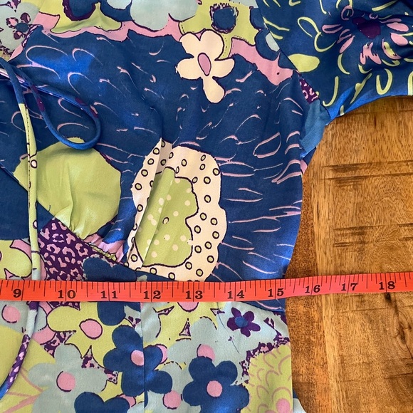 ASOS | Petite Satin Midi Tea Dress 8P Blue Green Abstract Floral Print - Picture 14 of 15